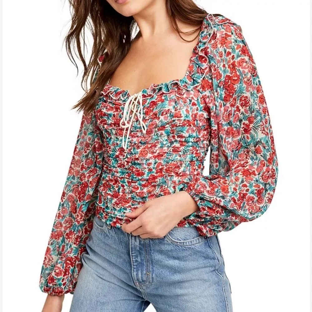 Free People Mabel Floral Cottagecore Ruffle Balloon Sleeve Top